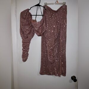 Ladies Missguided Sequin Ruched Two-Piece Set Light Pink